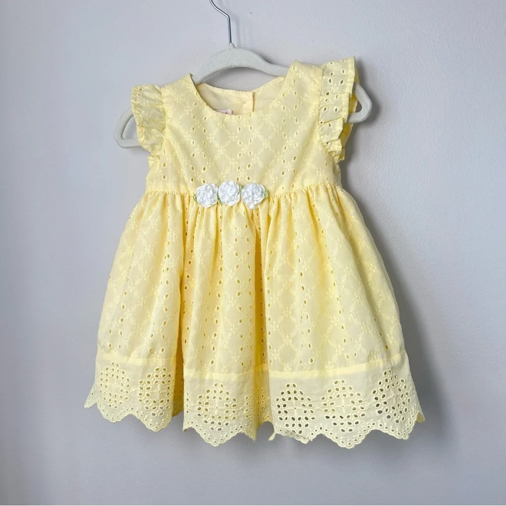 Baby Girl 6-9M Butter Yellow Schiffli Eyelet Dress White Flowers Cottagecore